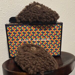 Kurt Geiger Brown Fuzzy Slippers with Gold Accent